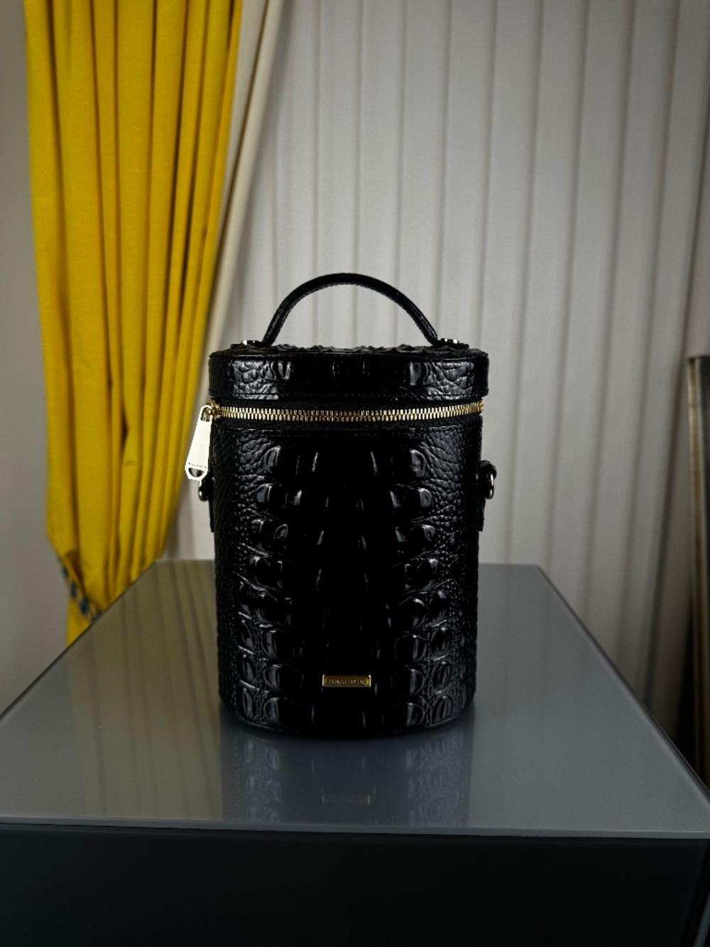 Brahmin Brynn Barrel bag-Black Melbourne crocodile embossed leather